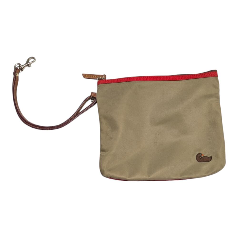 Vintage Dooney and Bourke Nylon Clutch Wristlet Pouch Tan Embroidered Duck Red